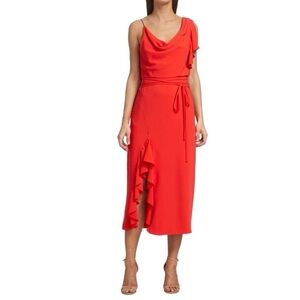 NWT Cinq à Sept Lavonne Cowl Neck Ruffled Slit Belted Chili Red Midi Dress